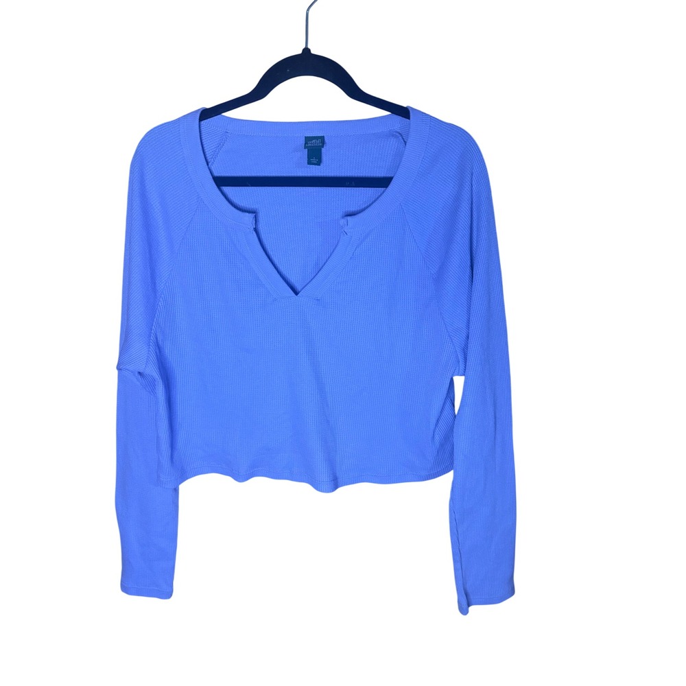 Wild Fable Purple Waffle Knit Cropped Long Sleeve Thermal Top Notched V-Neck L